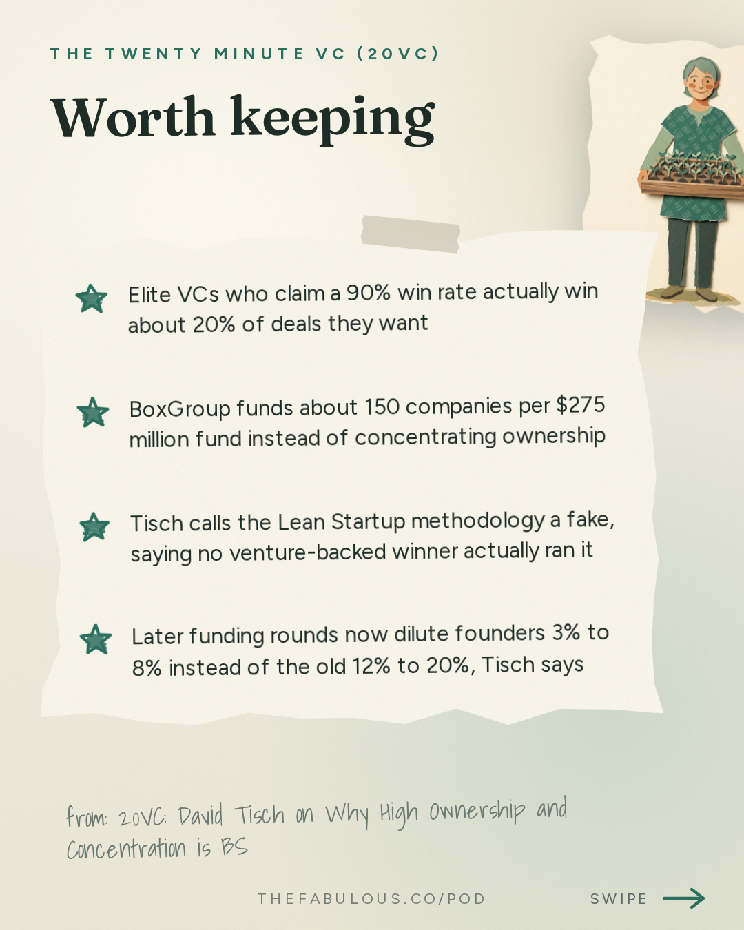 Worth keeping — The Twenty Minute VC (20VC): Venture Capital | Startup Funding | The Pitch: 20VC: David Tisch on Why High Ownership and Concentration is BS | Why No Manager Actually Wants to Stay Small | Why Competing with the Mega Platforms is a Losing Game | Why the Lean Startup is a Fake?