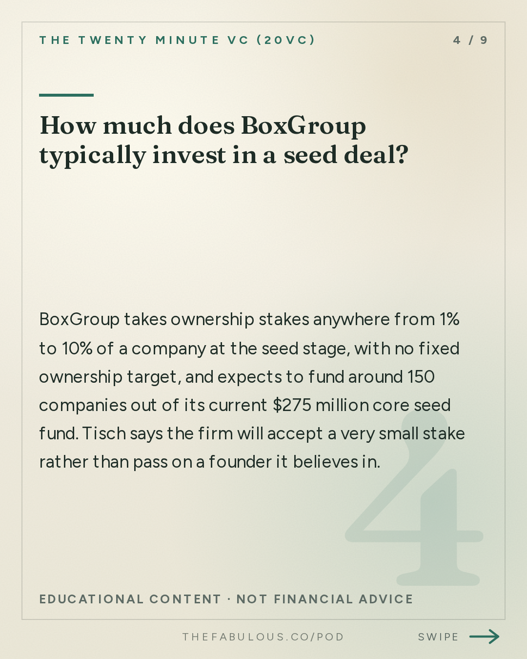How much does BoxGroup typically invest in a seed deal? — The Twenty Minute VC (20VC): Venture Capital | Startup Funding | The Pitch: 20VC: David Tisch on Why High Ownership and Concentration is BS | Why No Manager Actually Wants to Stay Small | Why Competing with the Mega Platforms is a Losing Game | Why the Lean Startup is a Fake?