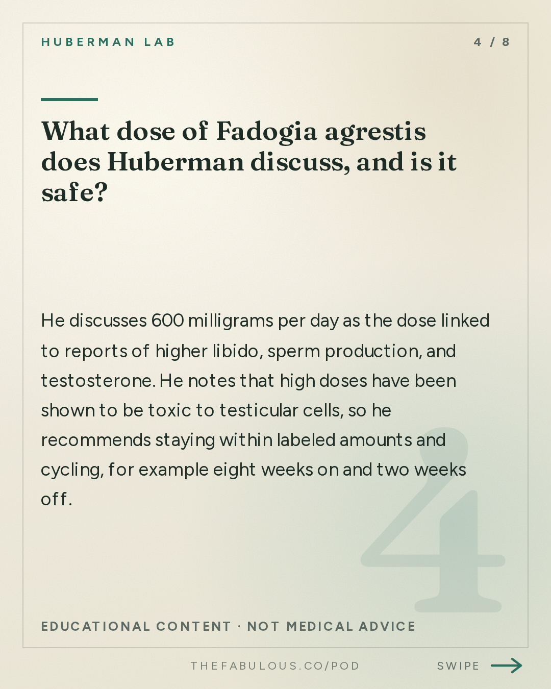 What dose of Fadogia agrestis does Huberman discuss, and is it safe? — Huberman Lab: Essentials: Developing a Rational Approach to Supplementation for Health & Performance