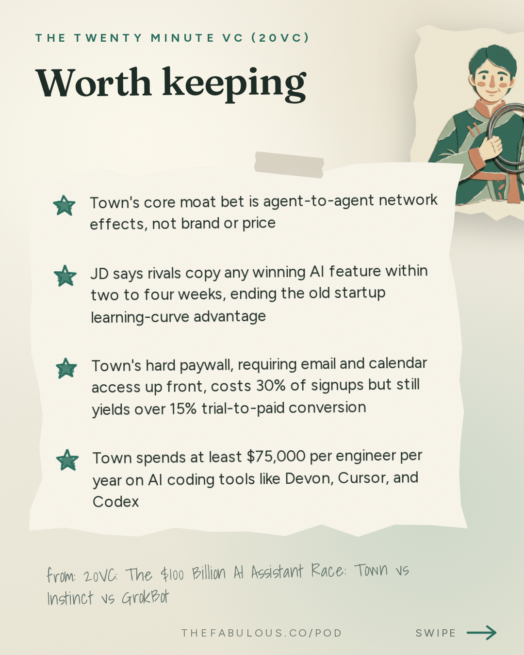 Worth keeping — The Twenty Minute VC (20VC): Venture Capital | Startup Funding | The Pitch: 20VC: The $100 Billion AI Assistant Race: Town vs Instinct vs GrokBot | We Spend $75K Per Engineer on AI Tools | Why the AI Assistant Market Is Not a Bubble & AI Assistants Will Replace Every App on Your Phone with JD, Founder of Town