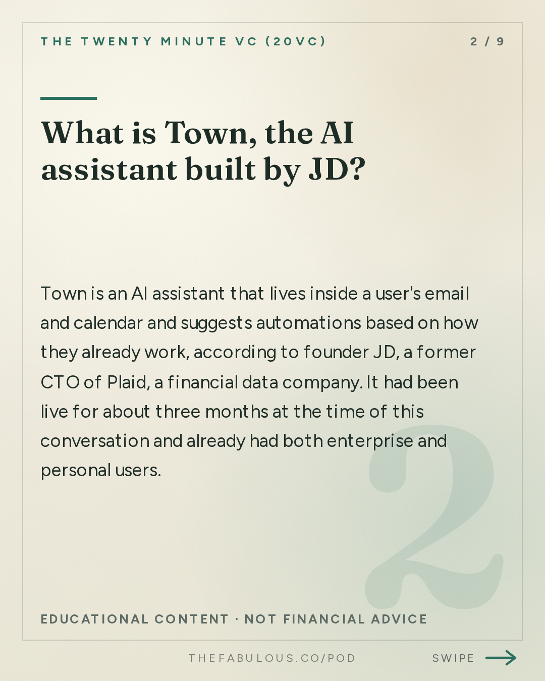 What is Town, the AI assistant built by JD? — The Twenty Minute VC (20VC): Venture Capital | Startup Funding | The Pitch: 20VC: The $100 Billion AI Assistant Race: Town vs Instinct vs GrokBot | We Spend $75K Per Engineer on AI Tools | Why the AI Assistant Market Is Not a Bubble & AI Assistants Will Replace Every App on Your Phone with JD, Founder of Town