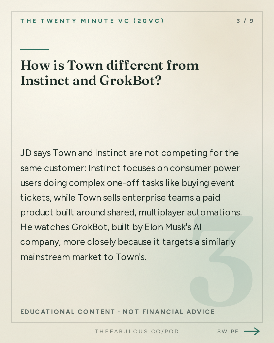 How is Town different from Instinct and GrokBot? — The Twenty Minute VC (20VC): Venture Capital | Startup Funding | The Pitch: 20VC: The $100 Billion AI Assistant Race: Town vs Instinct vs GrokBot | We Spend $75K Per Engineer on AI Tools | Why the AI Assistant Market Is Not a Bubble & AI Assistants Will Replace Every App on Your Phone with JD, Founder of Town