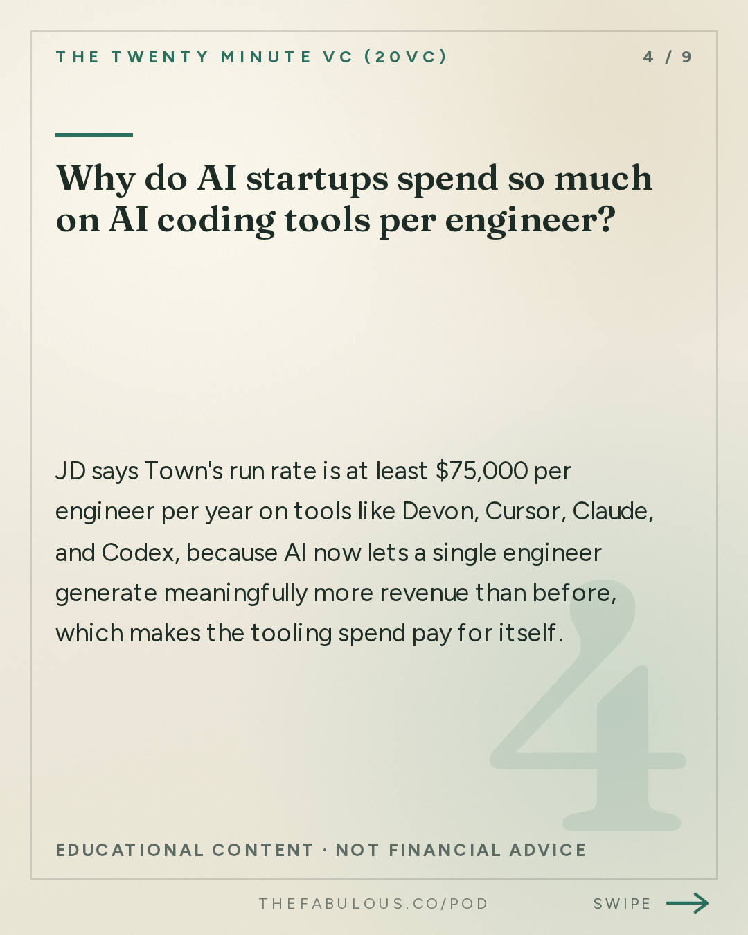 Why do AI startups spend so much on AI coding tools per engineer? — The Twenty Minute VC (20VC): Venture Capital | Startup Funding | The Pitch: 20VC: The $100 Billion AI Assistant Race: Town vs Instinct vs GrokBot | We Spend $75K Per Engineer on AI Tools | Why the AI Assistant Market Is Not a Bubble & AI Assistants Will Replace Every App on Your Phone with JD, Founder of Town