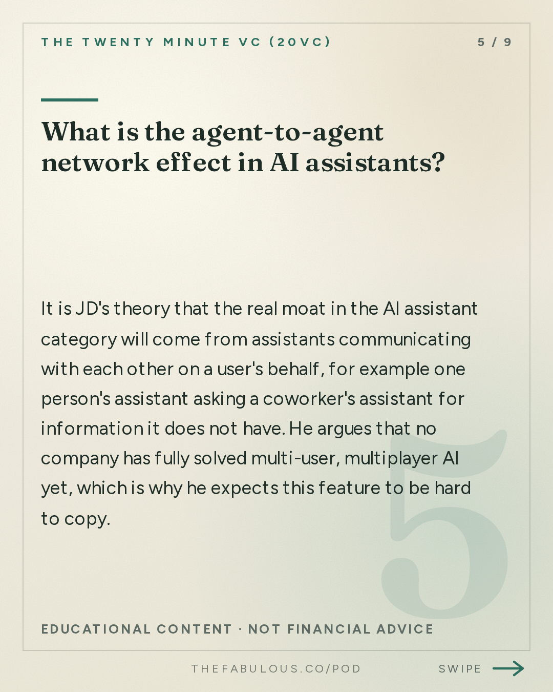 What is the agent-to-agent network effect in AI assistants? — The Twenty Minute VC (20VC): Venture Capital | Startup Funding | The Pitch: 20VC: The $100 Billion AI Assistant Race: Town vs Instinct vs GrokBot | We Spend $75K Per Engineer on AI Tools | Why the AI Assistant Market Is Not a Bubble & AI Assistants Will Replace Every App on Your Phone with JD, Founder of Town