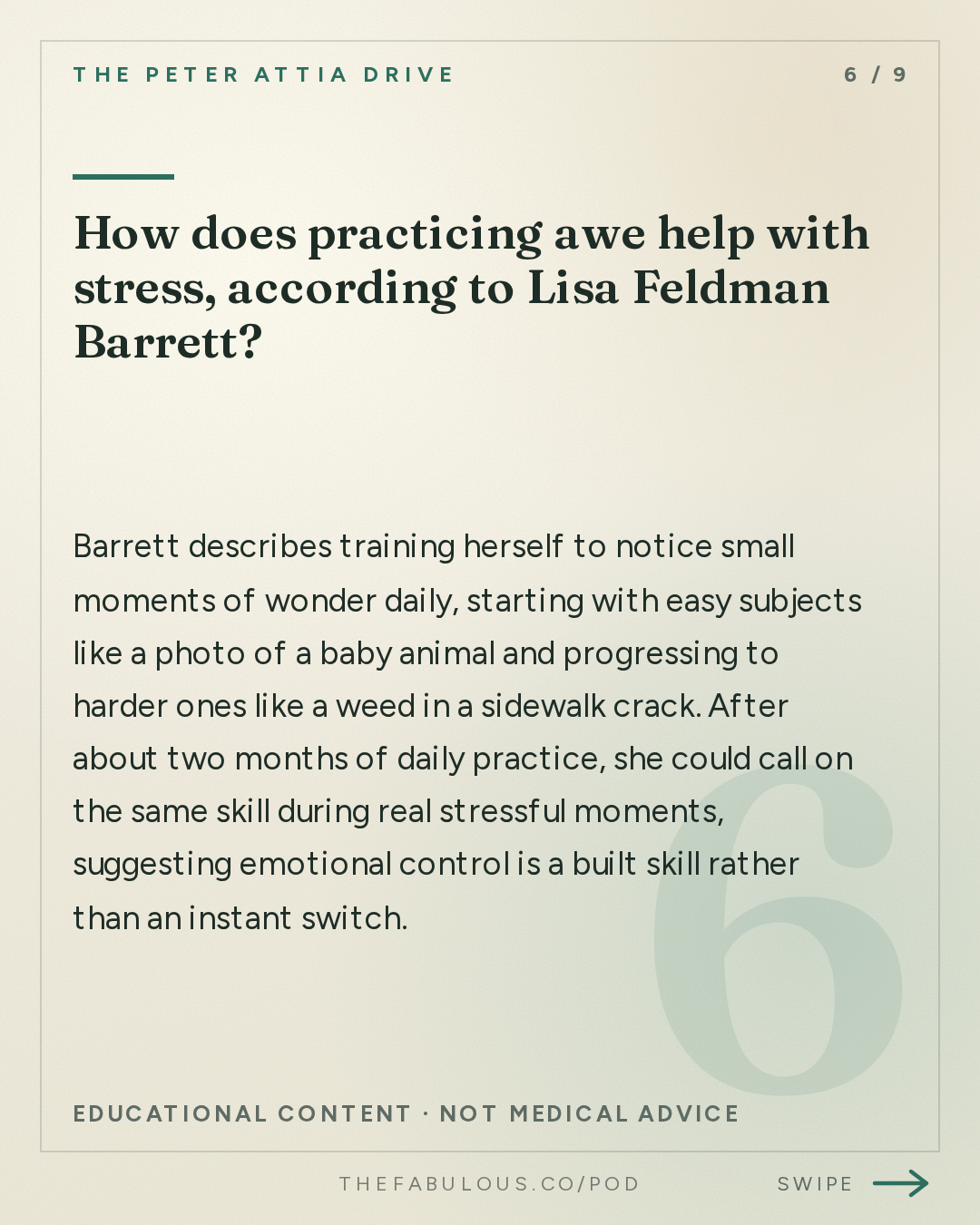 How does practicing awe help with stress, according to Lisa Feldman Barrett? — The Peter Attia Drive: #413 ‒ The neuroscience of emotion: challenging conventional theories of emotion, how the brain predicts and constructs our experiences, and gaining greater control over how we feel | Lisa Feldman Barrett, Ph.D.