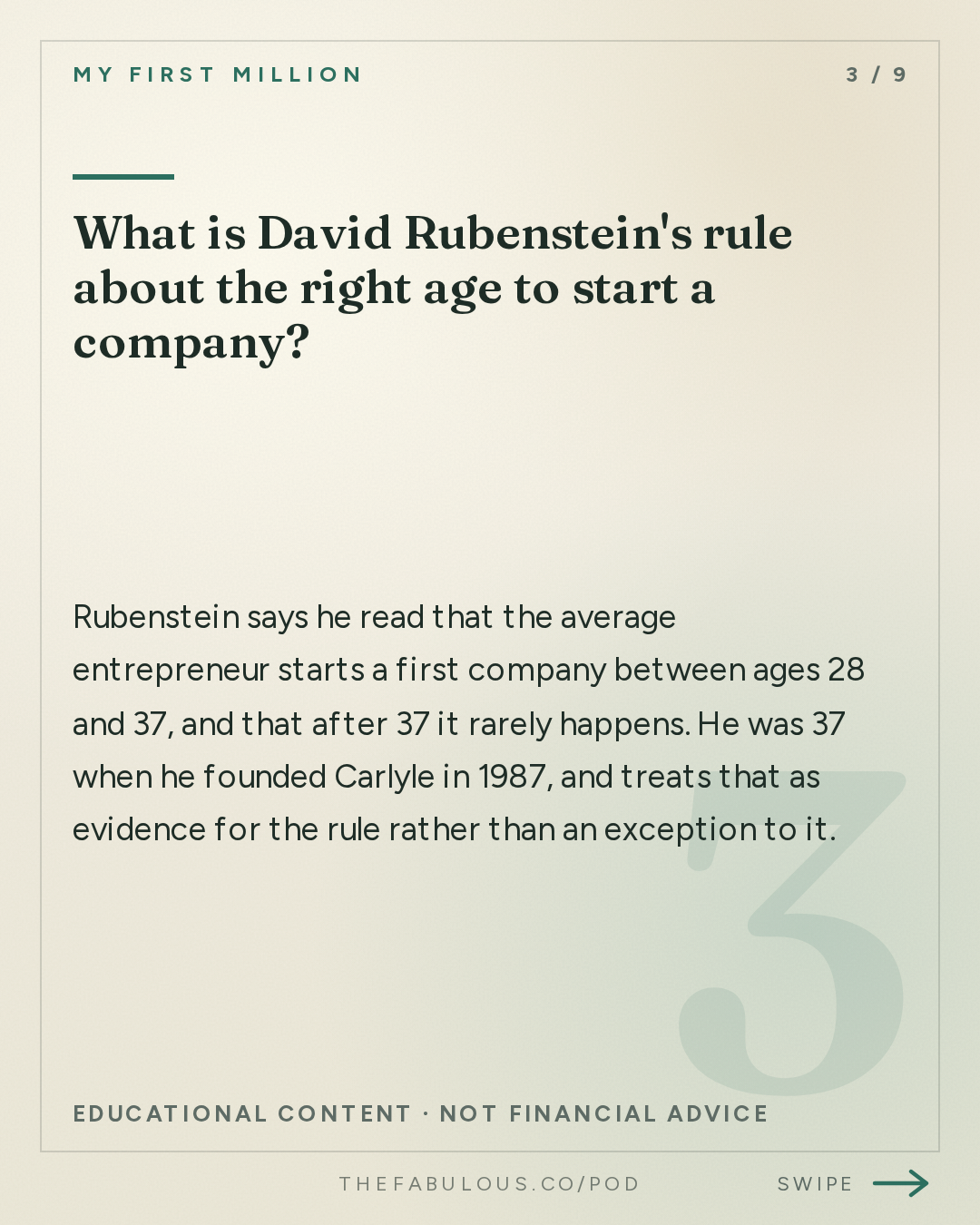 What is David Rubenstein's rule about the right age to start a company? — My First Million: David Rubenstein: We took $5M and turned it into $500B