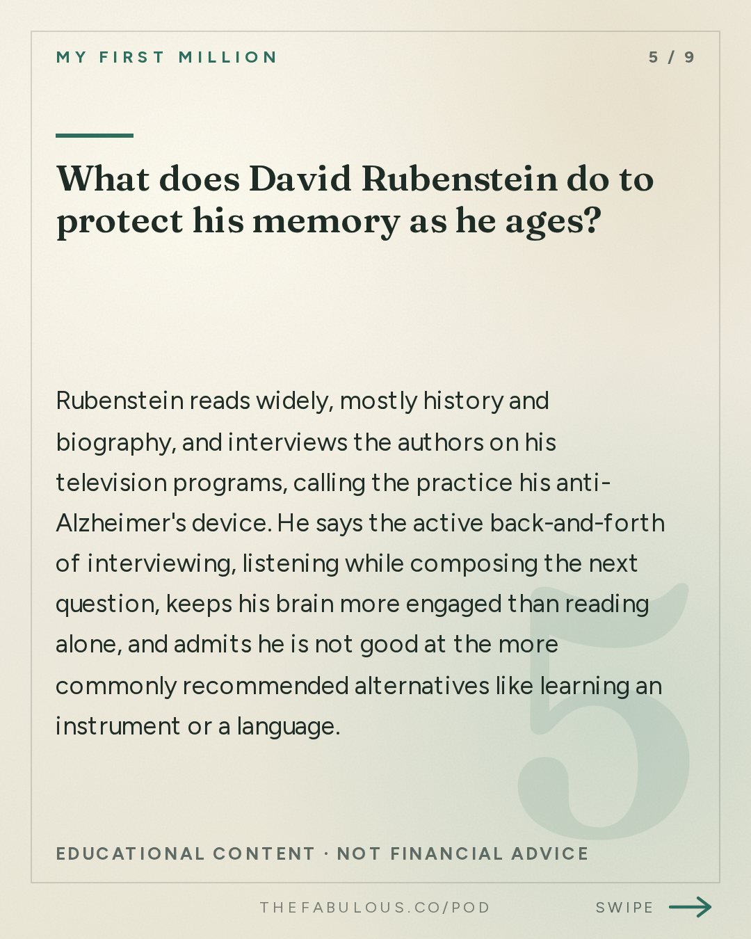 What does David Rubenstein do to protect his memory as he ages? — My First Million: David Rubenstein: We took $5M and turned it into $500B