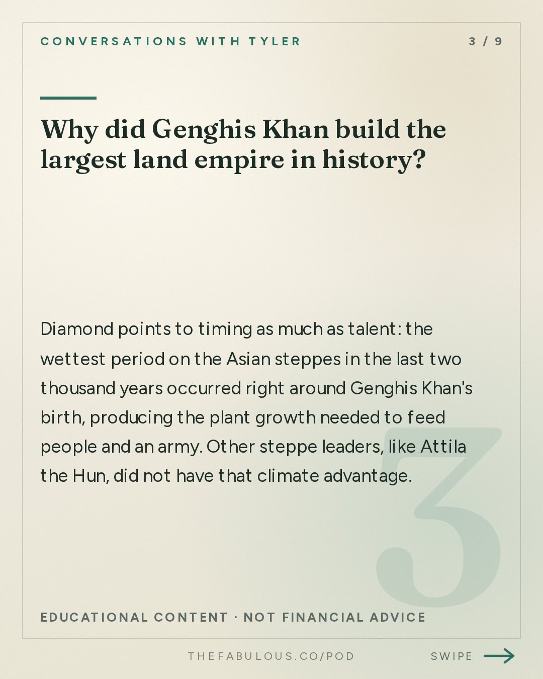 Why did Genghis Khan build the largest land empire in history? — Conversations with Tyler: Jared Diamond on Leaders, Luck, and Irreplaceability