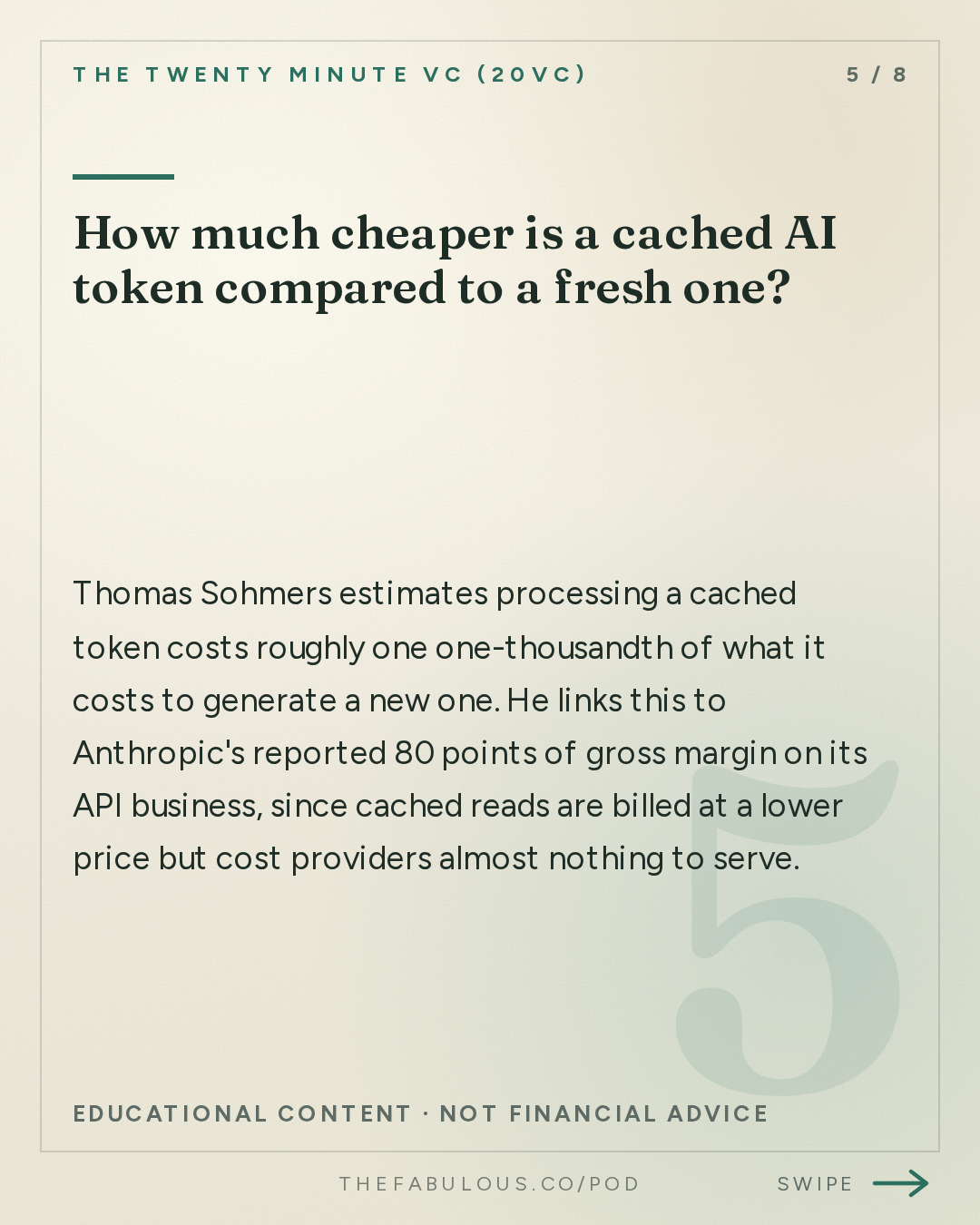 How much cheaper is a cached AI token compared to a fresh one? — The Twenty Minute VC (20VC): Venture Capital | Startup Funding | The Pitch: 20VC: "Anti-Data Centres is a Chinese Psyop" | How Many Planned Data Centers Will Actually Get Built? | Is Energy AI's Biggest Bottleneck? With Thomas Sohmers, Co-Founder @ Positron