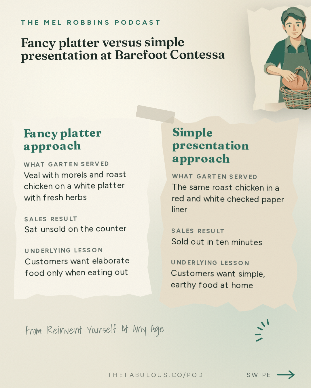 Fancy platter versus simple presentation at Barefoot Contessa — The Mel Robbins Podcast: Reinvent Yourself At Any Age: Ina Garten Shares the Secret to Transforming Your Life