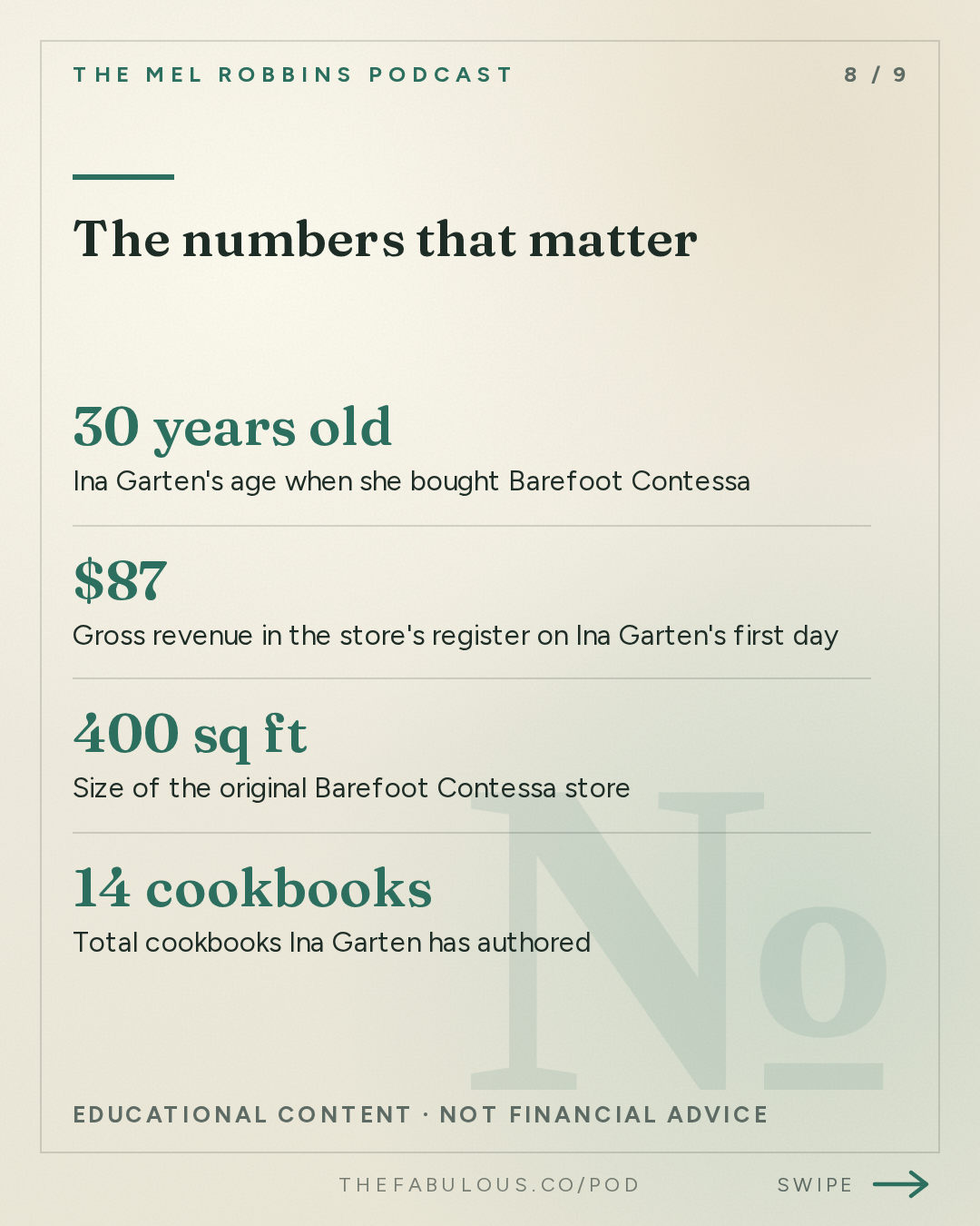 The numbers that matter — The Mel Robbins Podcast: Reinvent Yourself At Any Age: Ina Garten Shares the Secret to Transforming Your Life