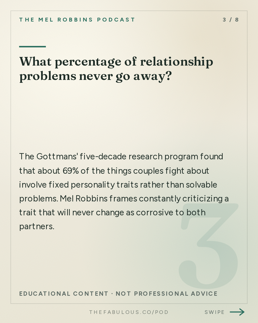 What percentage of relationship problems never go away? — The Mel Robbins Podcast: The Best Relationship Advice I’d Give My 27-Year-Old Daughter