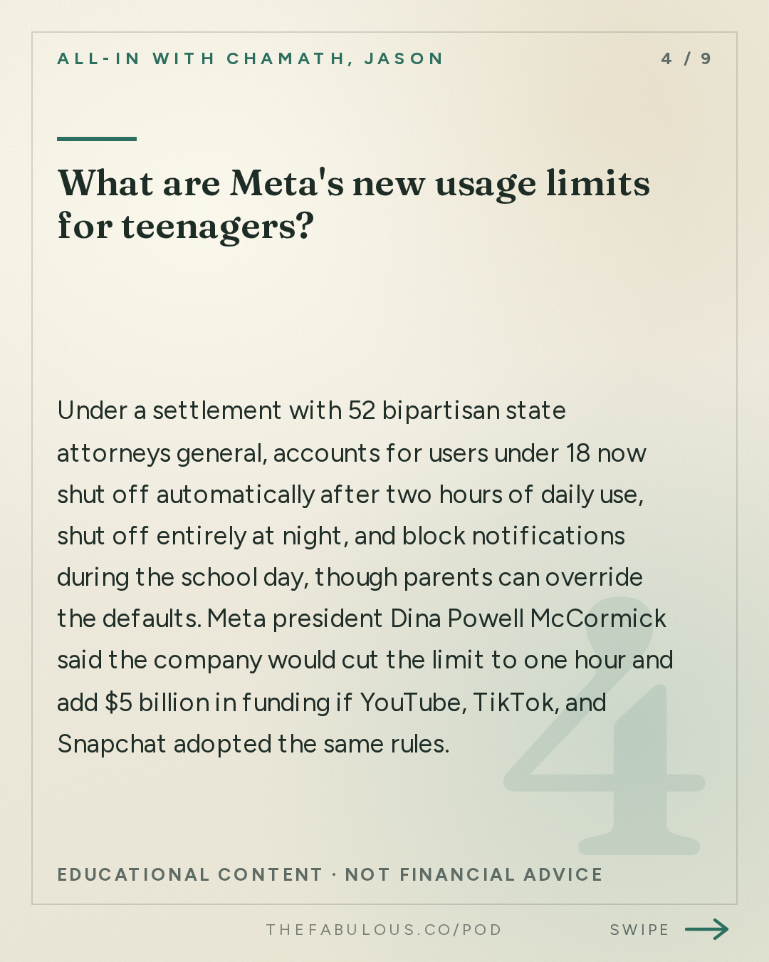 What are Meta's new usage limits for teenagers? — All-In with Chamath, Jason, Sacks & Friedberg: Meta's Dina Powell McCormick: The Case for Data Centers, Backlash, AI Job Boom & Meta's Future