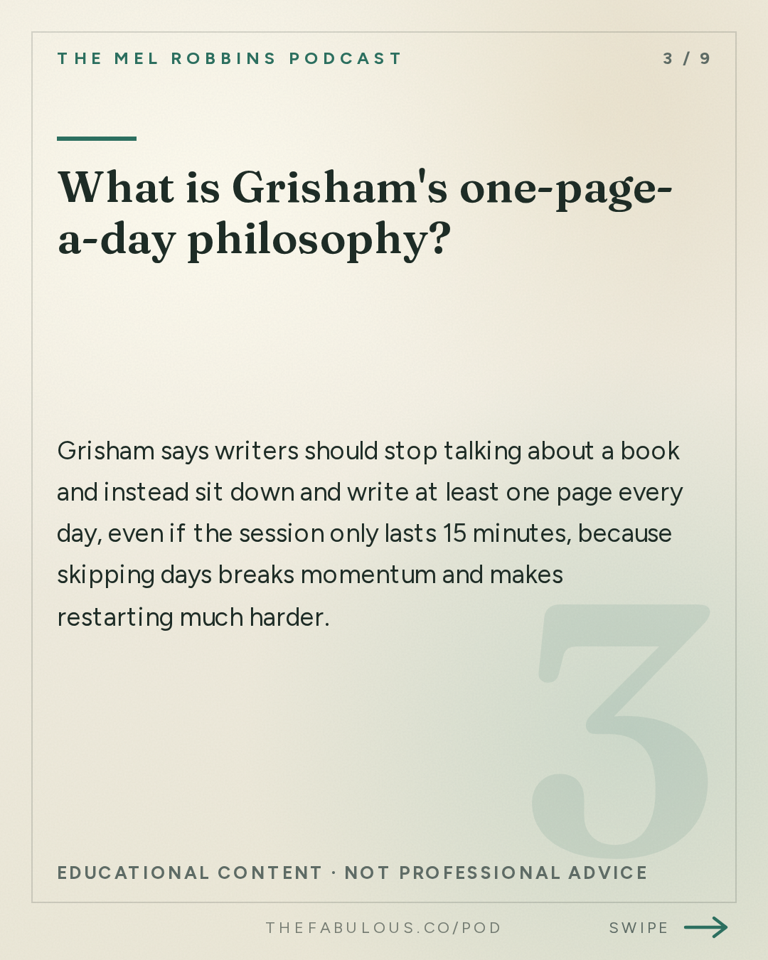 What is Grisham's one-page-a-day philosophy? — The Mel Robbins Podcast: How One “Golden Moment” Can Transform Your Entire Life