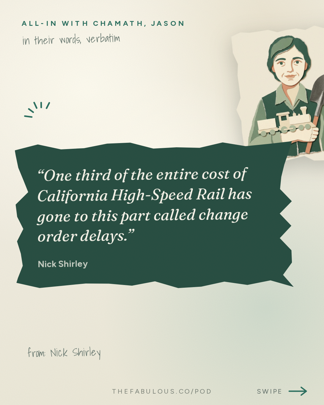 One third of the entire cost of California High-Speed Rail has gone to this part called change order delays. — All-In with Chamath, Jason, Sacks & Friedberg: Nick Shirley: Exposing Government Fraud, Suing California & Taking on the Media