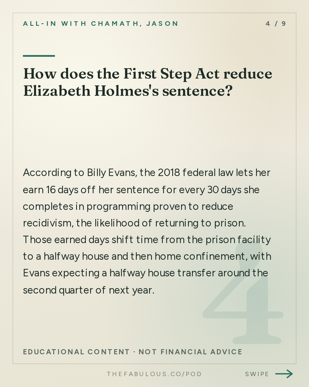 How does the First Step Act reduce Elizabeth Holmes's sentence? — All-In with Chamath, Jason, Sacks & Friedberg: Elizabeth Holmes' Husband Billy Evans: The Trial, Prison & Nathan Fielder's Documentary