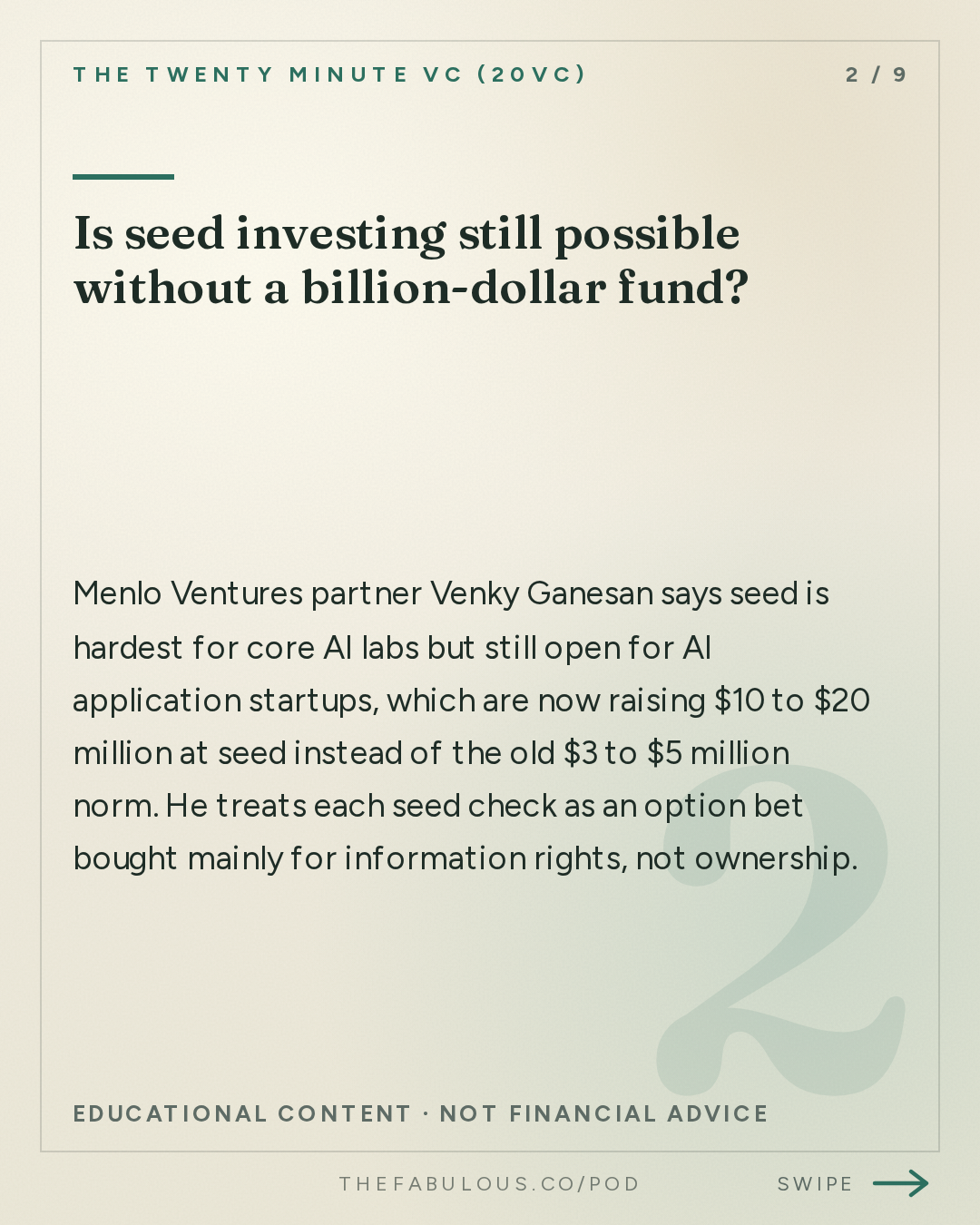 Is seed investing still possible without a billion-dollar fund? — The Twenty Minute VC (20VC): Venture Capital | Startup Funding | The Pitch: 20VC: Is Seed Investing Dead Without a $1BN Fund? | Does Ownership and Price Matter When Companies Can Be $1TRN Exits | Are AI Revenue Numbers Real and What to Watch Out For with Venky Ganesan, Menlo Ventures