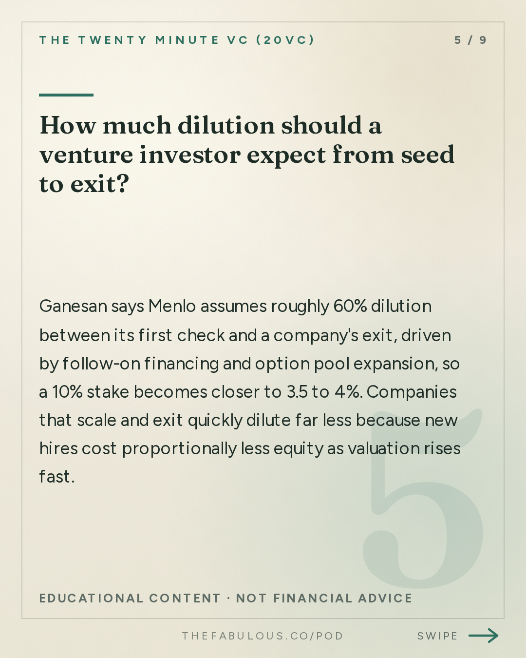 How much dilution should a venture investor expect from seed to exit? — The Twenty Minute VC (20VC): Venture Capital | Startup Funding | The Pitch: 20VC: Is Seed Investing Dead Without a $1BN Fund? | Does Ownership and Price Matter When Companies Can Be $1TRN Exits | Are AI Revenue Numbers Real and What to Watch Out For with Venky Ganesan, Menlo Ventures