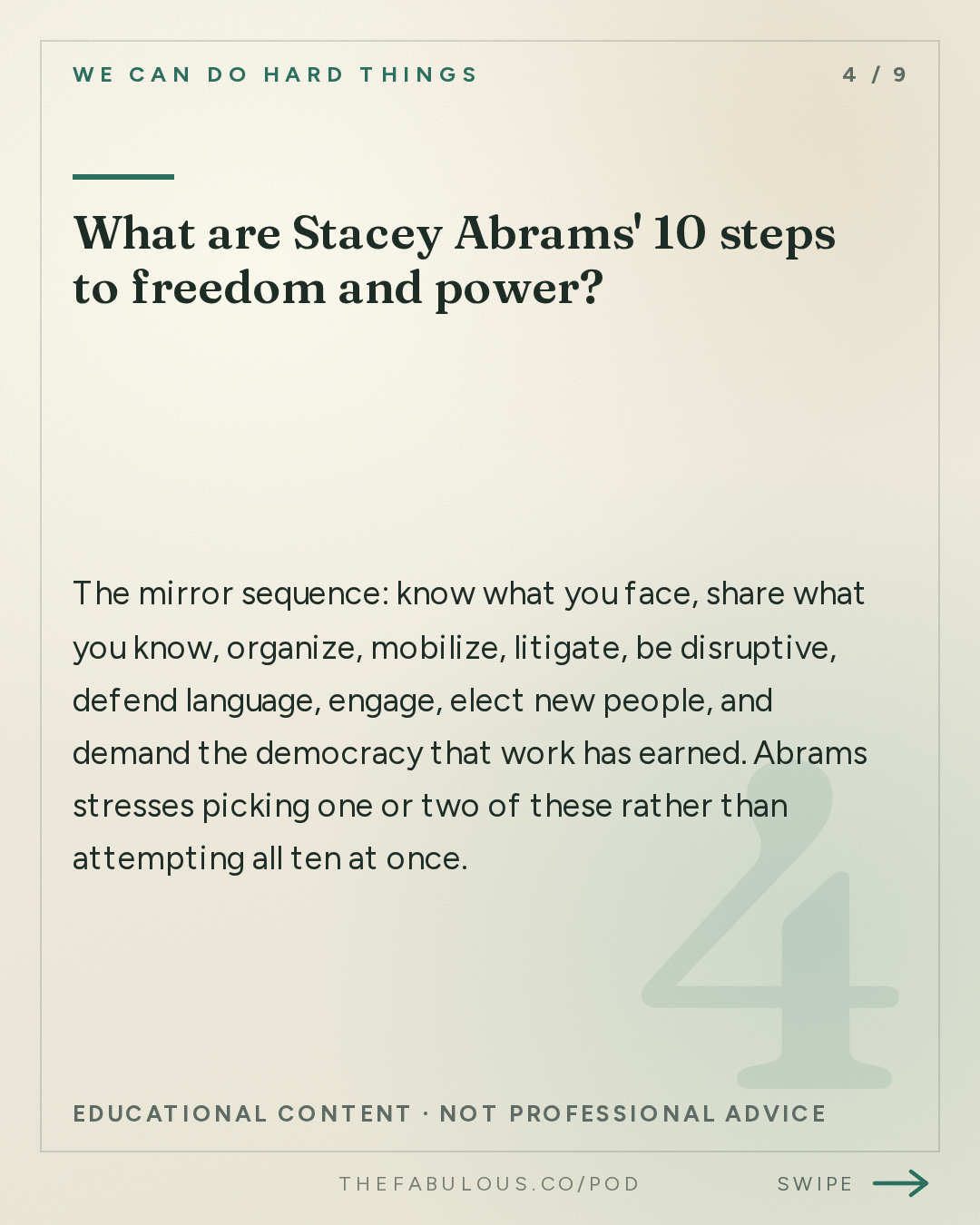 What are Stacey Abrams' 10 steps to freedom and power? — We Can Do Hard Things: Stacey Abrams on Midterms: What's Going to Happen?
