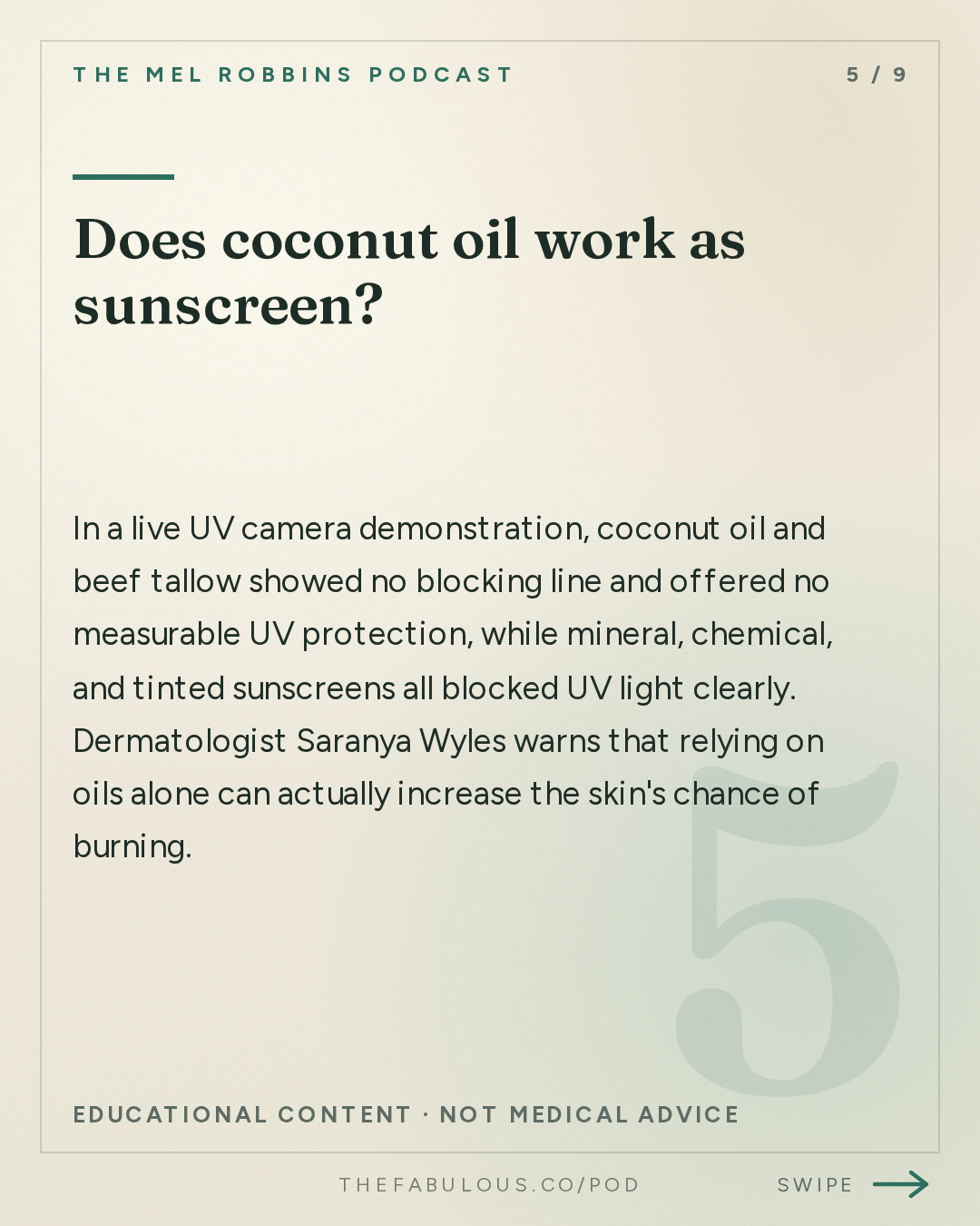 Does coconut oil work as sunscreen? — The Mel Robbins Podcast: Mayo Clinic Dermatologist: 5 Small Habits for Healthier, Younger, and Amazing Skin
