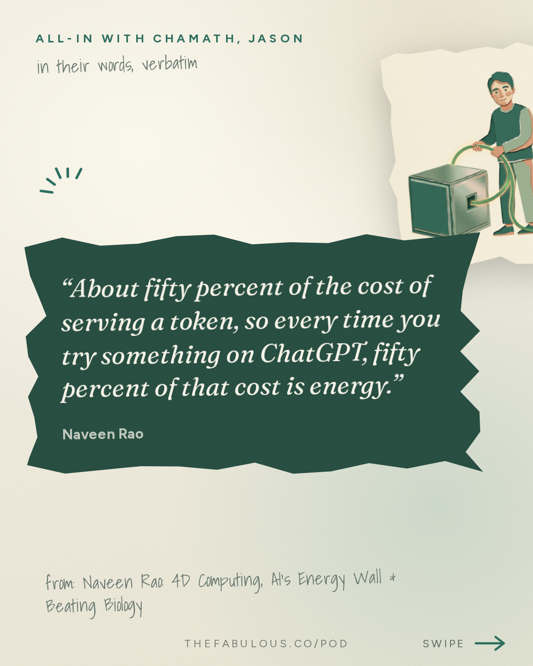 About fifty percent of the cost of serving a token, so every time you try something on ChatGPT, fifty percent of that cost is energy. — All-In with Chamath, Jason, Sacks & Friedberg: Naveen Rao: 4D Computing, AI's Energy Wall & Beating Biology