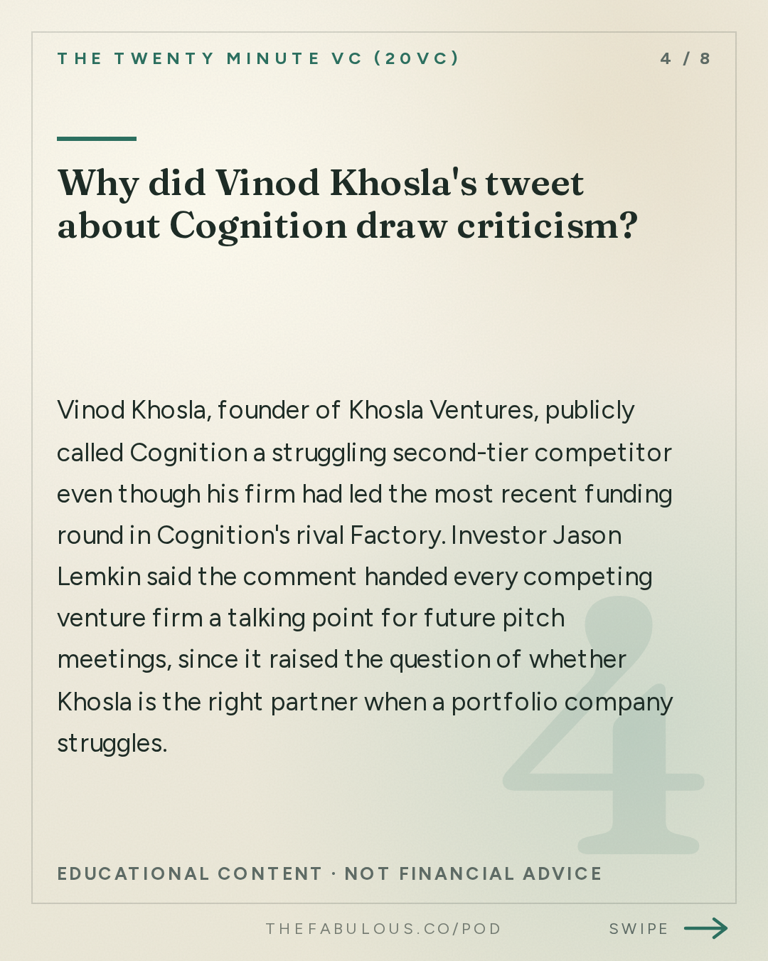 Why did Vinod Khosla's tweet about Cognition draw criticism? — The Twenty Minute VC (20VC): Venture Capital | Startup Funding | The Pitch: 20VC: Cognition vs Factory: Vinod Khosla Creates a Storm | OpenAI Nears $70B Run Rate: Anthropic Under Threat | ElevenLabs Doubles Its Valuation to $22B & Salesforce Buys Listen Labs for $2B