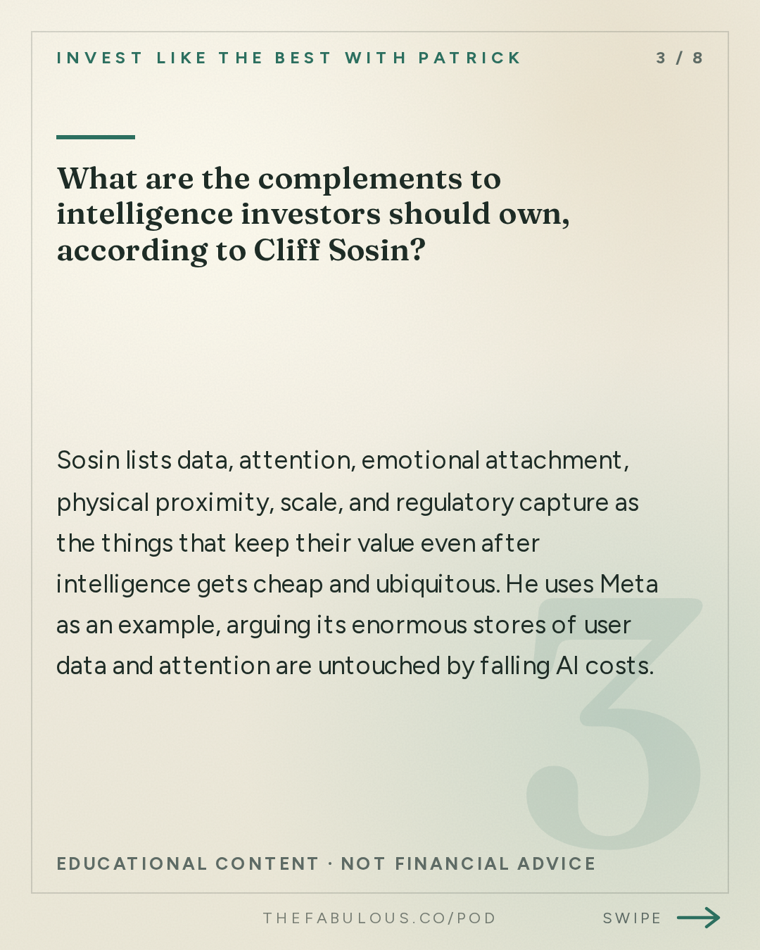 What are the complements to intelligence investors should own, according to Cliff Sosin? — Invest Like the Best with Patrick O'Shaughnessy: Cliff Sosin - Owning the Complements to Intelligence - [Invest Like the Best, EP.497]