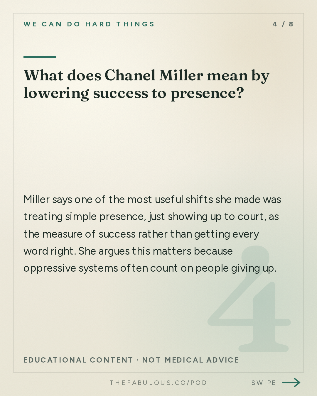 What does Chanel Miller mean by lowering success to presence? — We Can Do Hard Things: (BEST OF) How to Not Disappear: Chanel Miller