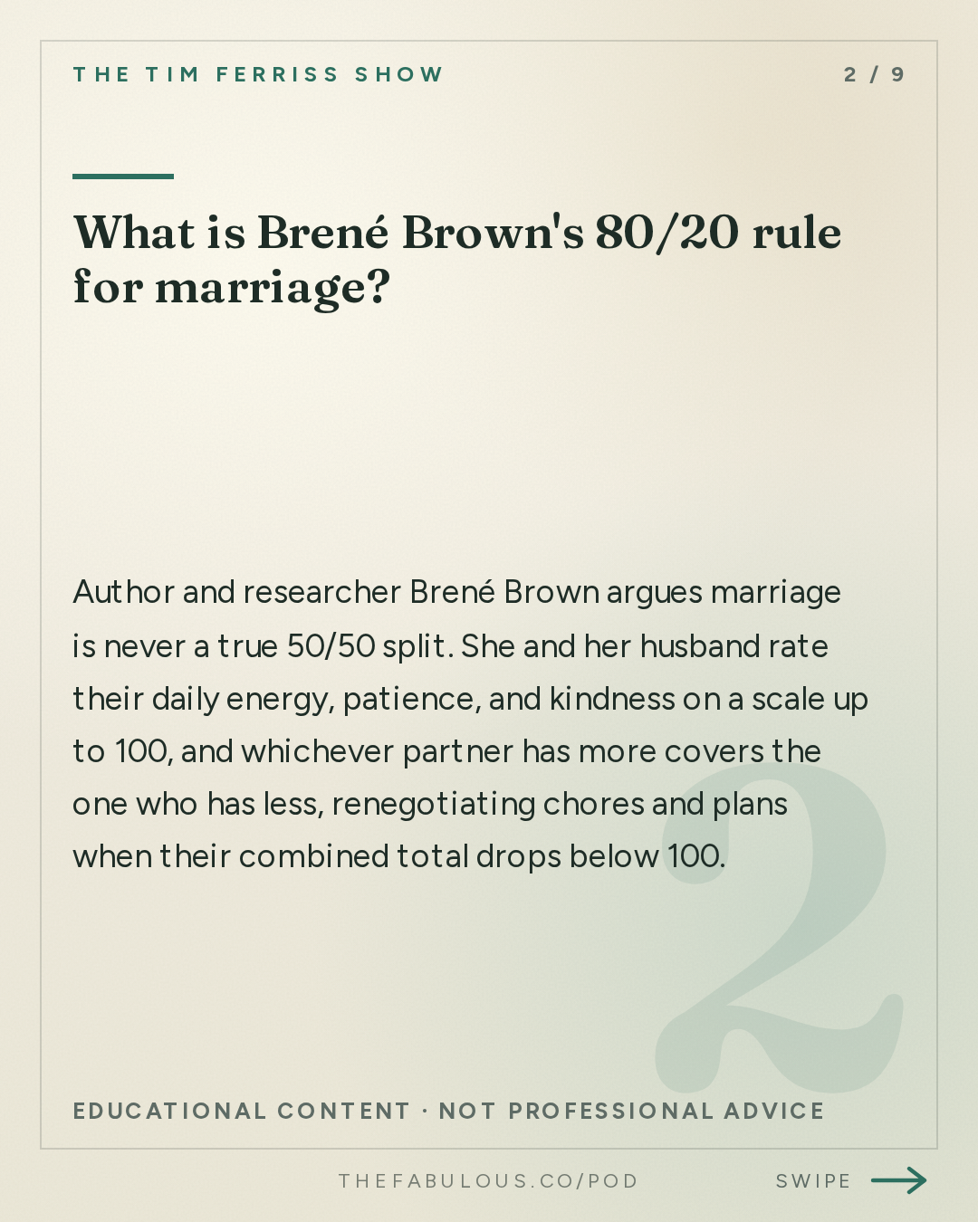 What is Brené Brown's 80/20 rule for marriage? — The Tim Ferriss Show: #880: Relationship Tools That Work — Esther Perel, Brené Brown, Dr. Sue Johnson, Terry Real, and More on Conflict, Repair, and Lasting Love