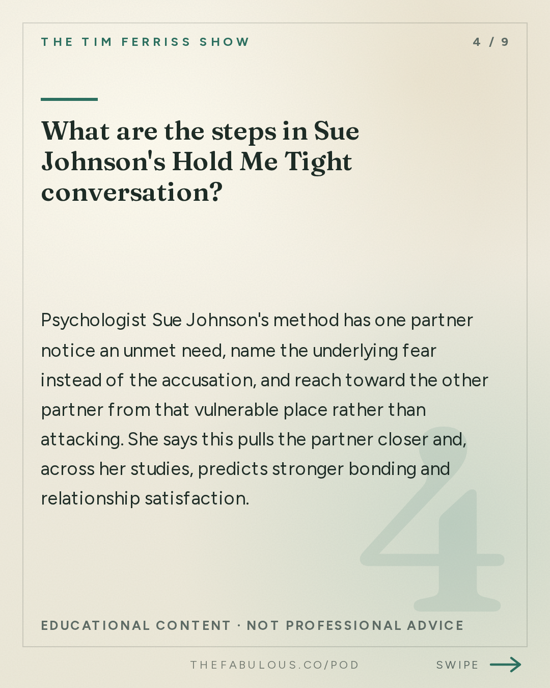 What are the steps in Sue Johnson's Hold Me Tight conversation? — The Tim Ferriss Show: #880: Relationship Tools That Work — Esther Perel, Brené Brown, Dr. Sue Johnson, Terry Real, and More on Conflict, Repair, and Lasting Love