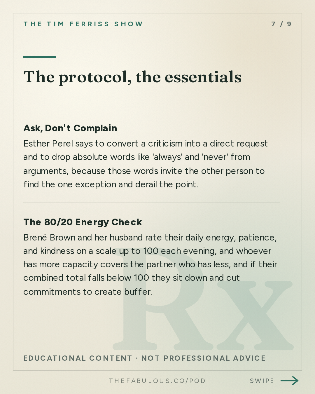 The protocol, the essentials — The Tim Ferriss Show: #880: Relationship Tools That Work — Esther Perel, Brené Brown, Dr. Sue Johnson, Terry Real, and More on Conflict, Repair, and Lasting Love