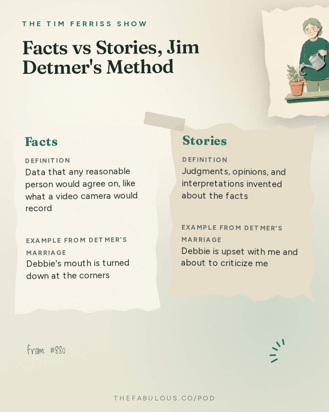 Facts vs Stories, Jim Detmer's Method — The Tim Ferriss Show: #880: Relationship Tools That Work — Esther Perel, Brené Brown, Dr. Sue Johnson, Terry Real, and More on Conflict, Repair, and Lasting Love