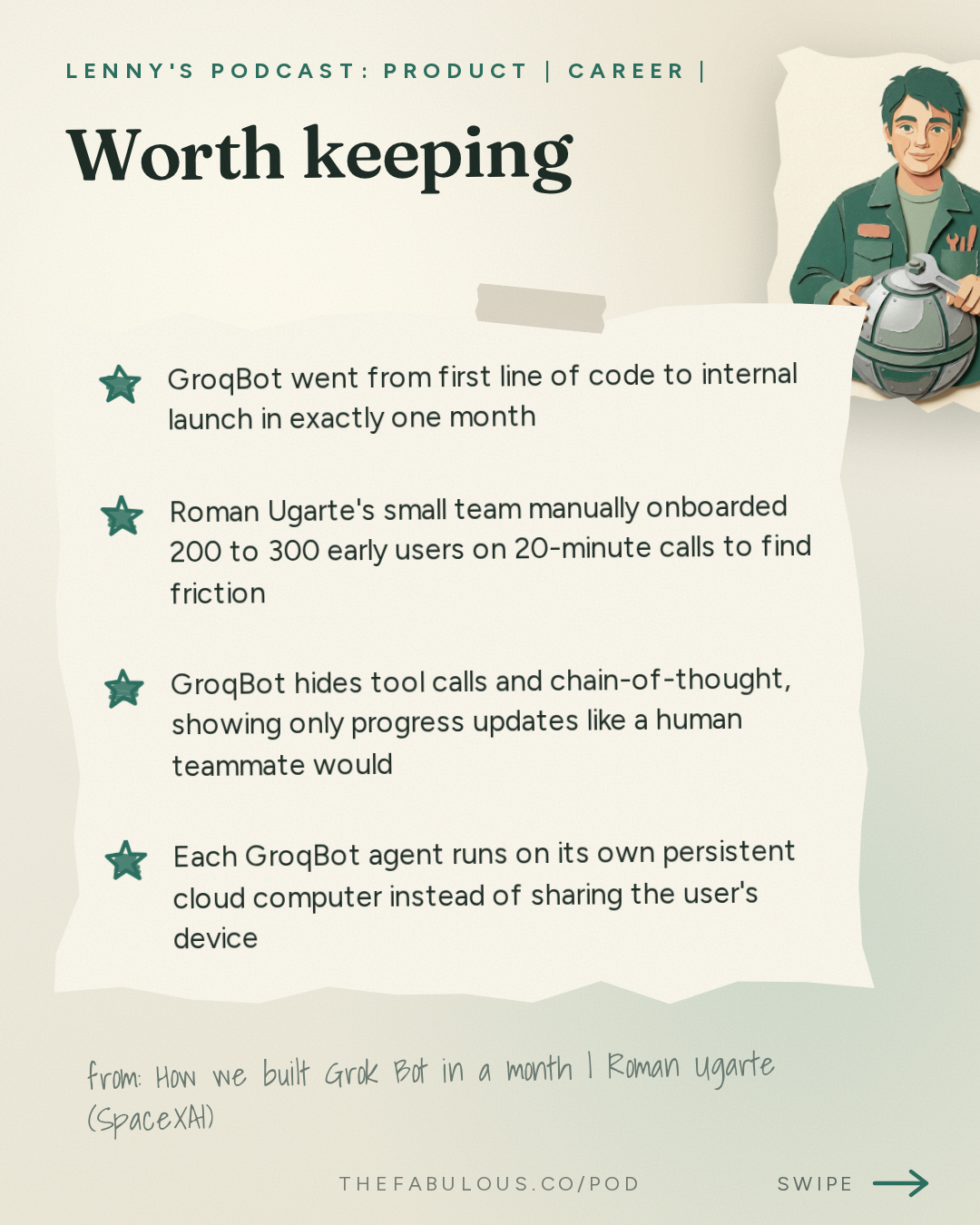 Worth keeping — Lenny's Podcast: Product | Career | Growth: How we built Grok Bot in a month | Roman Ugarte (SpaceXAI)