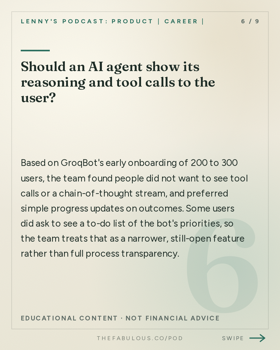 Should an AI agent show its reasoning and tool calls to the user? — Lenny's Podcast: Product | Career | Growth: How we built Grok Bot in a month | Roman Ugarte (SpaceXAI)