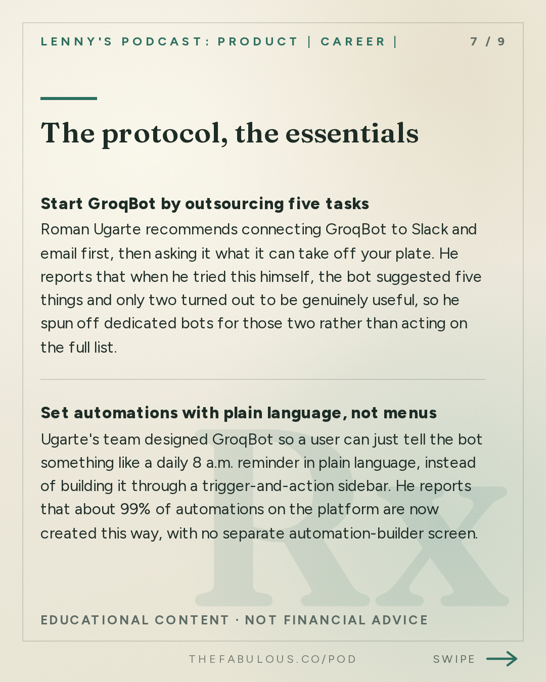 The protocol, the essentials — Lenny's Podcast: Product | Career | Growth: How we built Grok Bot in a month | Roman Ugarte (SpaceXAI)