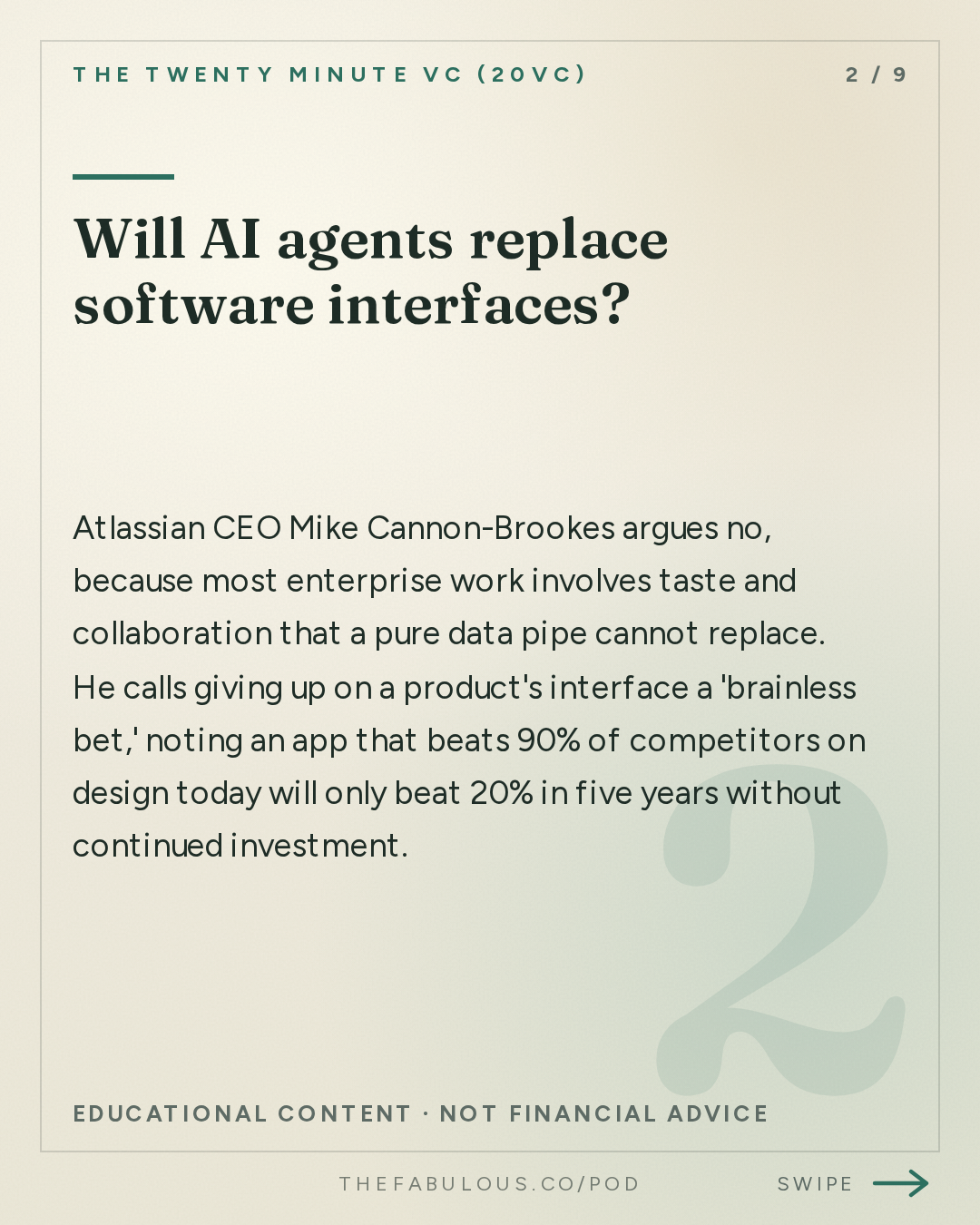 Will AI agents replace software interfaces? — The Twenty Minute VC (20VC): Venture Capital | Startup Funding | The Pitch: 20VC: Atlassian CEO on Why Agents Won't Replace Interfaces | Why Enterprises Won't Trust Chinese Models | Why The Jury Is Still Out On The Benefits of Specialised Models with Mike Cannon-Brookes