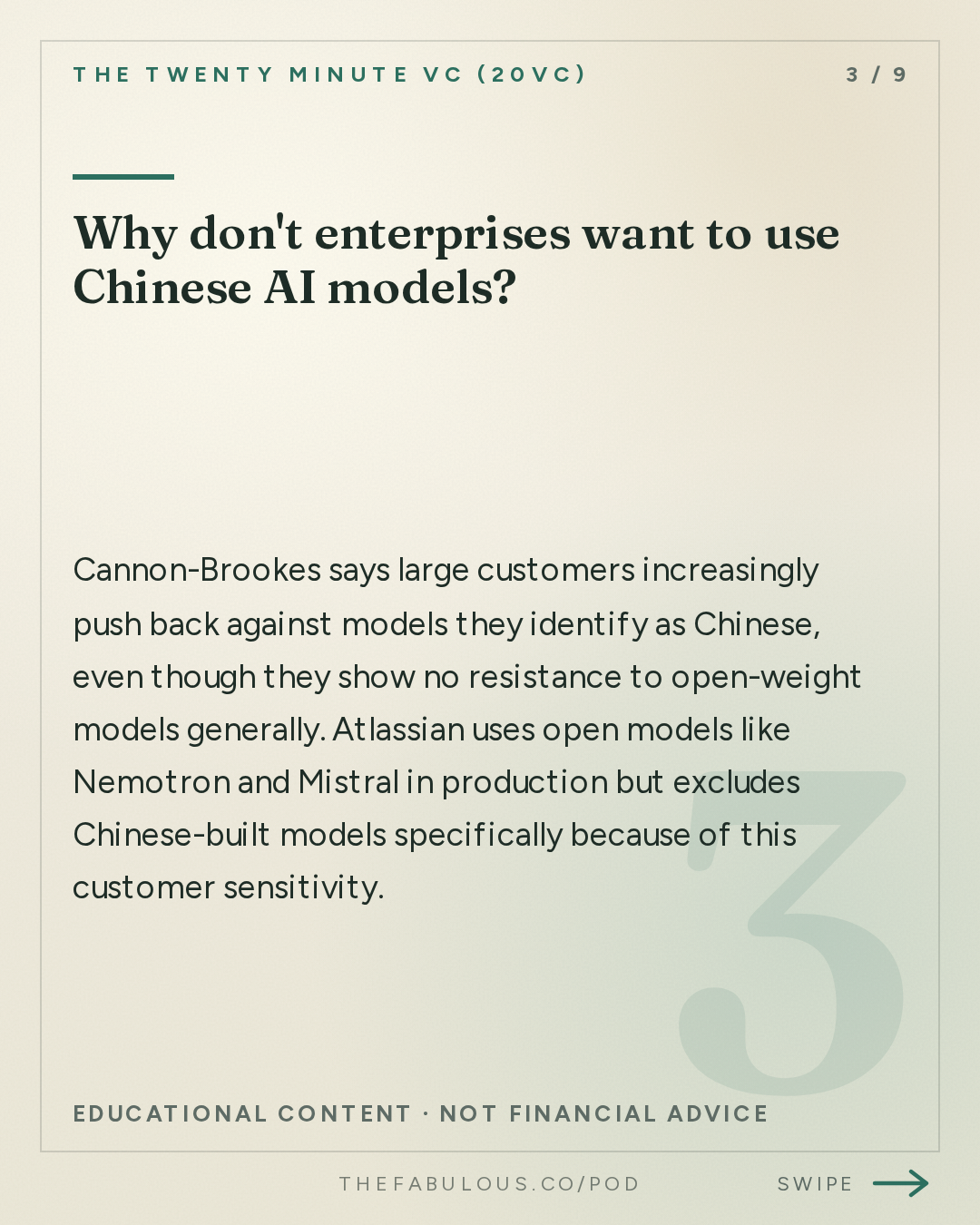 Why don't enterprises want to use Chinese AI models? — The Twenty Minute VC (20VC): Venture Capital | Startup Funding | The Pitch: 20VC: Atlassian CEO on Why Agents Won't Replace Interfaces | Why Enterprises Won't Trust Chinese Models | Why The Jury Is Still Out On The Benefits of Specialised Models with Mike Cannon-Brookes