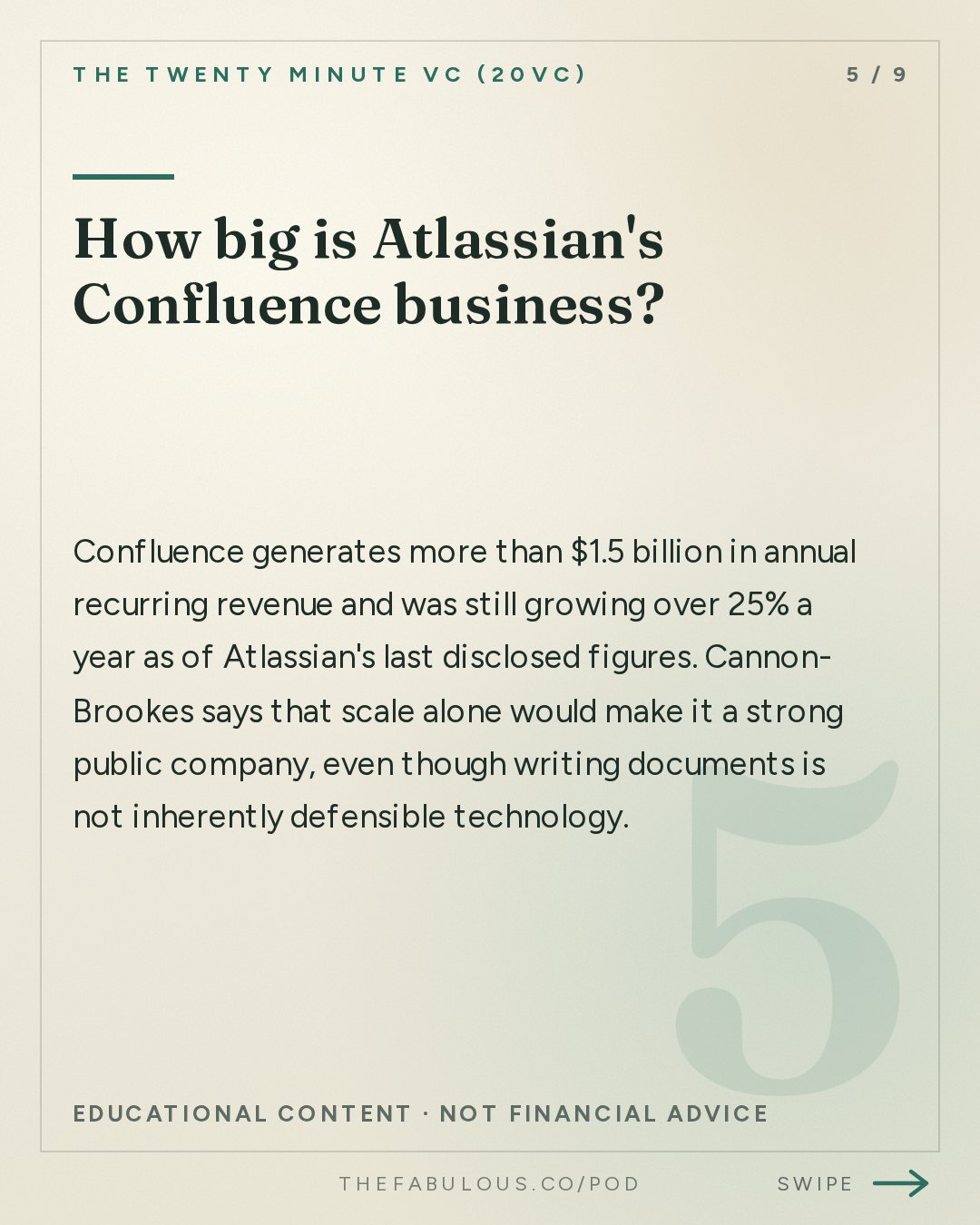 How big is Atlassian's Confluence business? — The Twenty Minute VC (20VC): Venture Capital | Startup Funding | The Pitch: 20VC: Atlassian CEO on Why Agents Won't Replace Interfaces | Why Enterprises Won't Trust Chinese Models | Why The Jury Is Still Out On The Benefits of Specialised Models with Mike Cannon-Brookes
