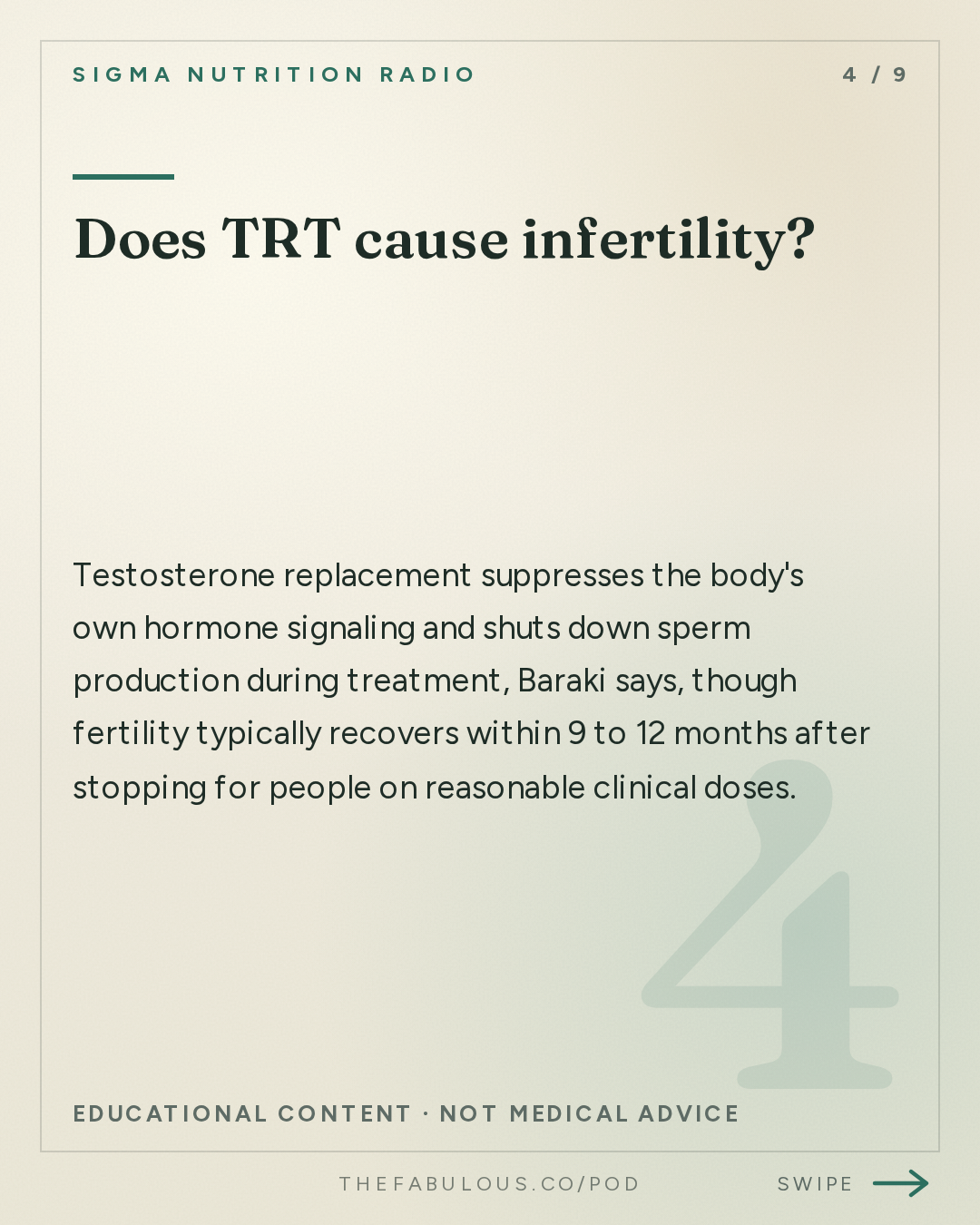 Does TRT cause infertility? — Sigma Nutrition Radio: #623: Testosterone Testing: What Do the Results Mean? When Does TRT Help? – Austin Baraki, MD