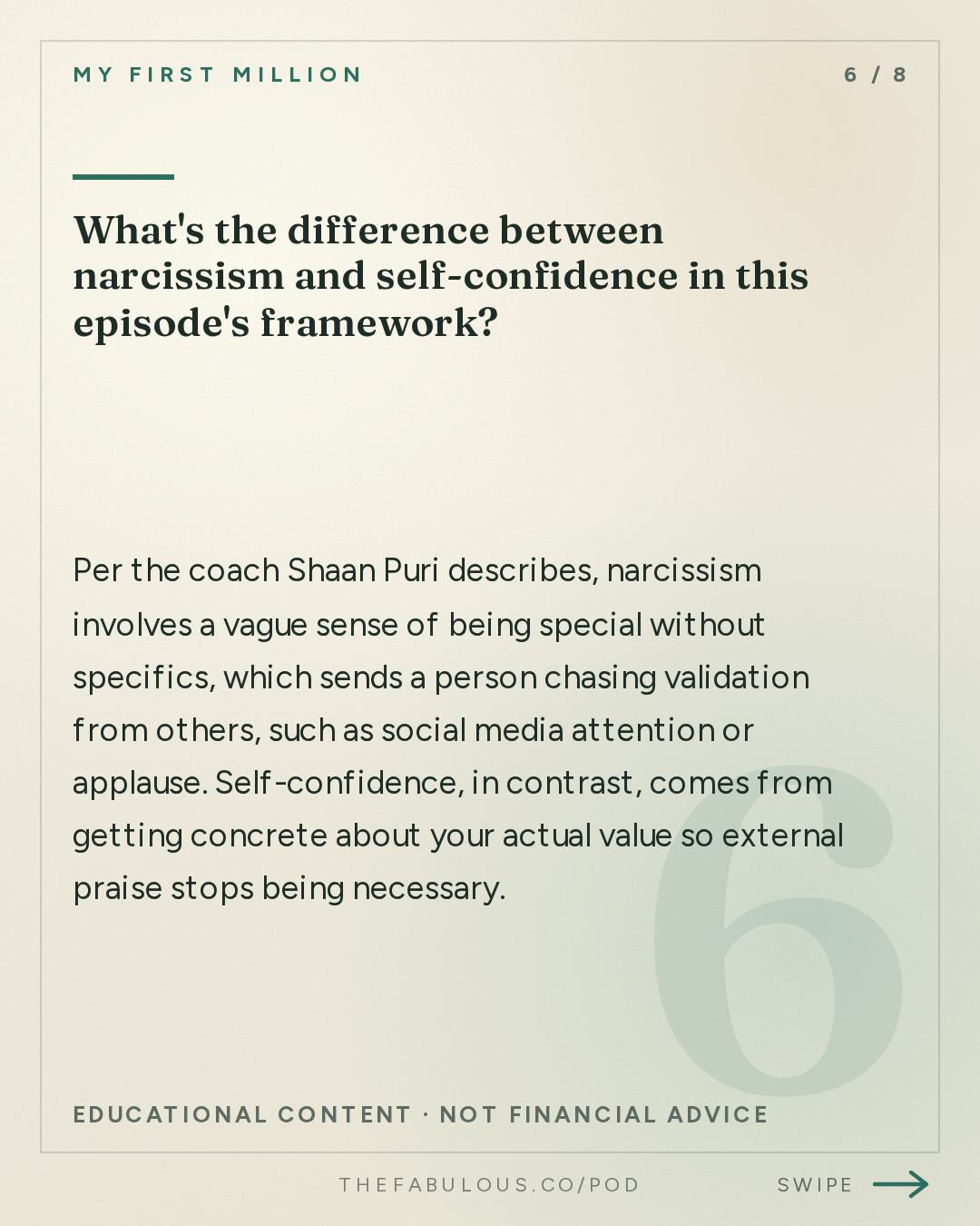 What's the difference between narcissism and self-confidence in this episode's framework? — My First Million: 3 embarrassing moments that changed my life