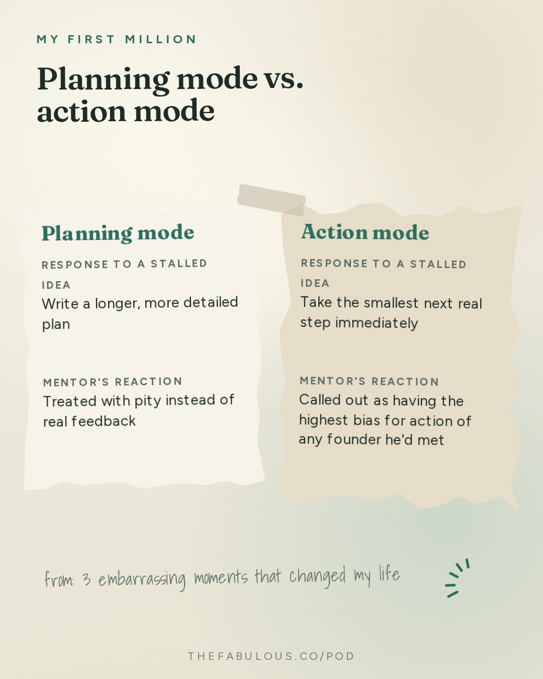 Planning mode vs. action mode — My First Million: 3 embarrassing moments that changed my life