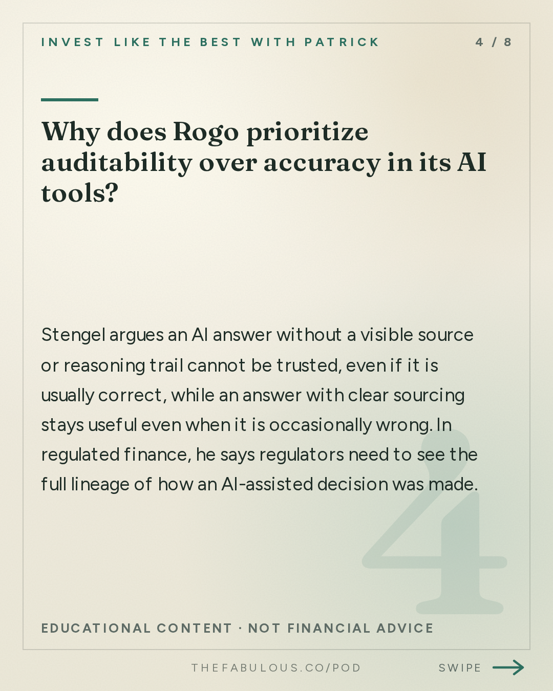 Why does Rogo prioritize auditability over accuracy in its AI tools? — Invest Like the Best with Patrick O'Shaughnessy: Gabe Stengel - Building Investing Superintelligence - [Invest Like the Best, EP.492]