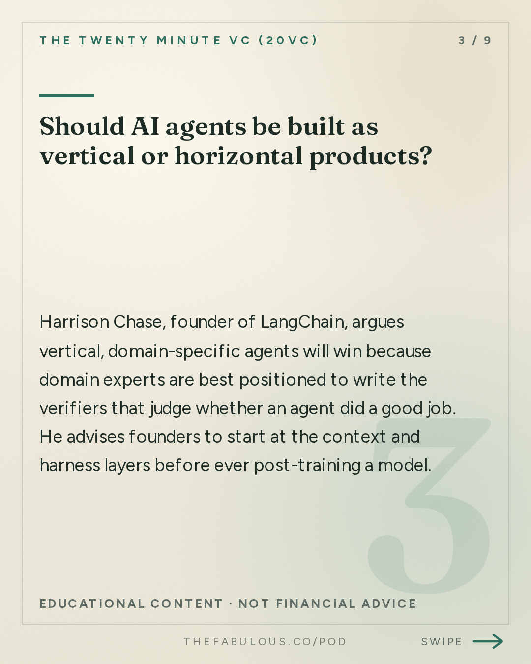 Should AI agents be built as vertical or horizontal products? — The Twenty Minute VC (20VC): Venture Capital | Startup Funding | The Pitch: 20VC: Horizontal vs Vertical Agents: Who Wins | Model Routing: Commodity or Increasing in Value | The Future of the Inference Market | Why Founders Should Take Discounts for Tier 1 Firms with Harrison Chase, LangChain