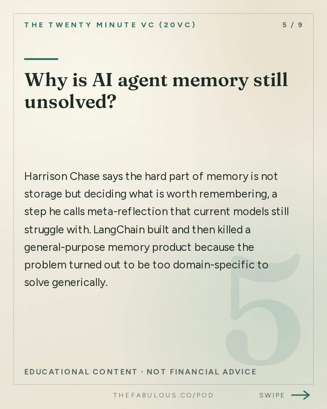 Why is AI agent memory still unsolved? — The Twenty Minute VC (20VC): Venture Capital | Startup Funding | The Pitch: 20VC: Horizontal vs Vertical Agents: Who Wins | Model Routing: Commodity or Increasing in Value | The Future of the Inference Market | Why Founders Should Take Discounts for Tier 1 Firms with Harrison Chase, LangChain