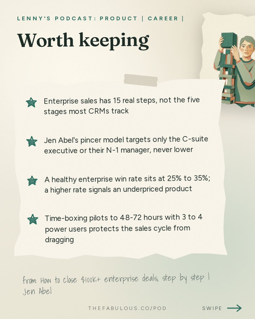 Worth keeping — Lenny's Podcast: Product | Career | Growth: How to close $100K+ enterprise deals, step by step | Jen Abel