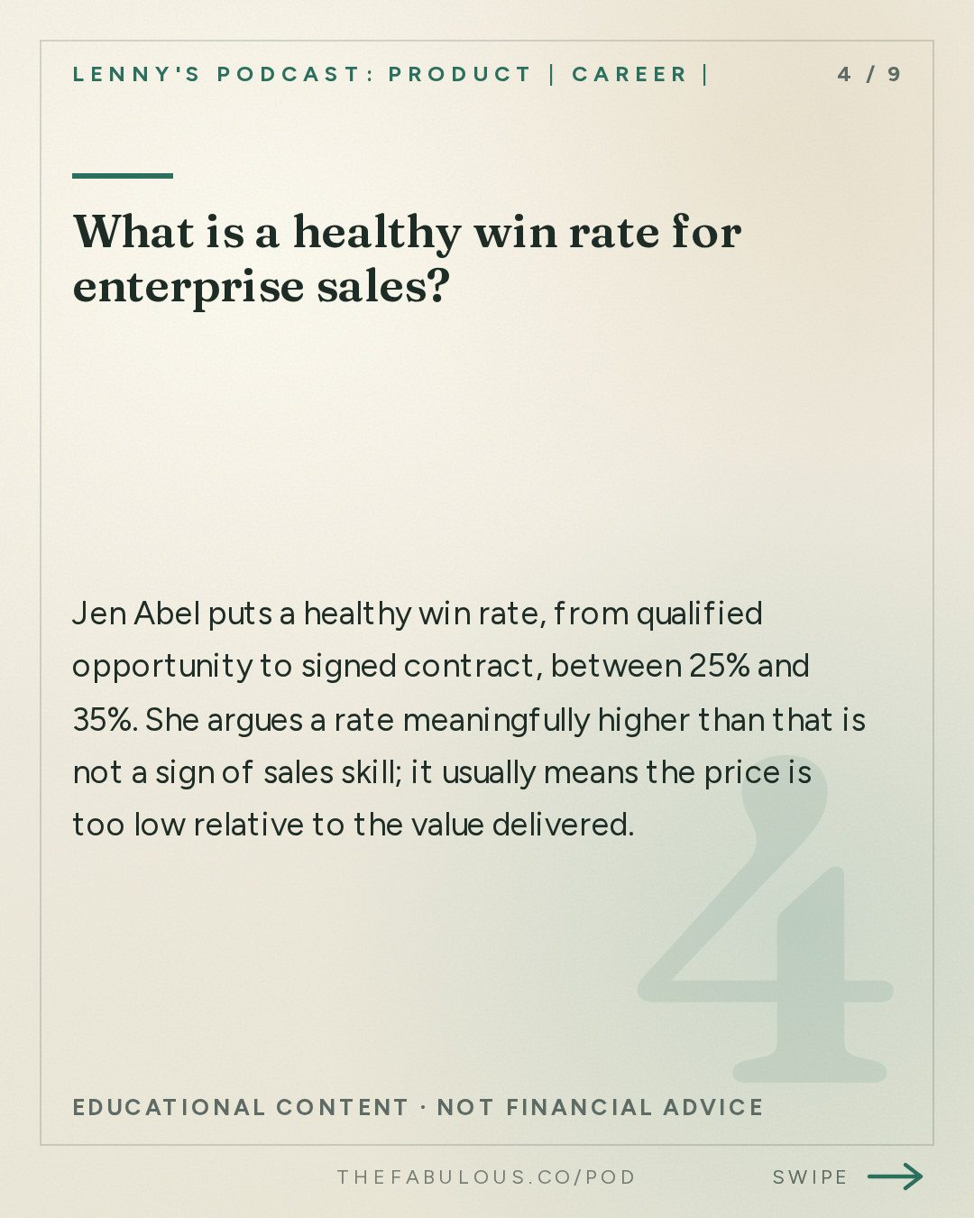What is a healthy win rate for enterprise sales? — Lenny's Podcast: Product | Career | Growth: How to close $100K+ enterprise deals, step by step | Jen Abel