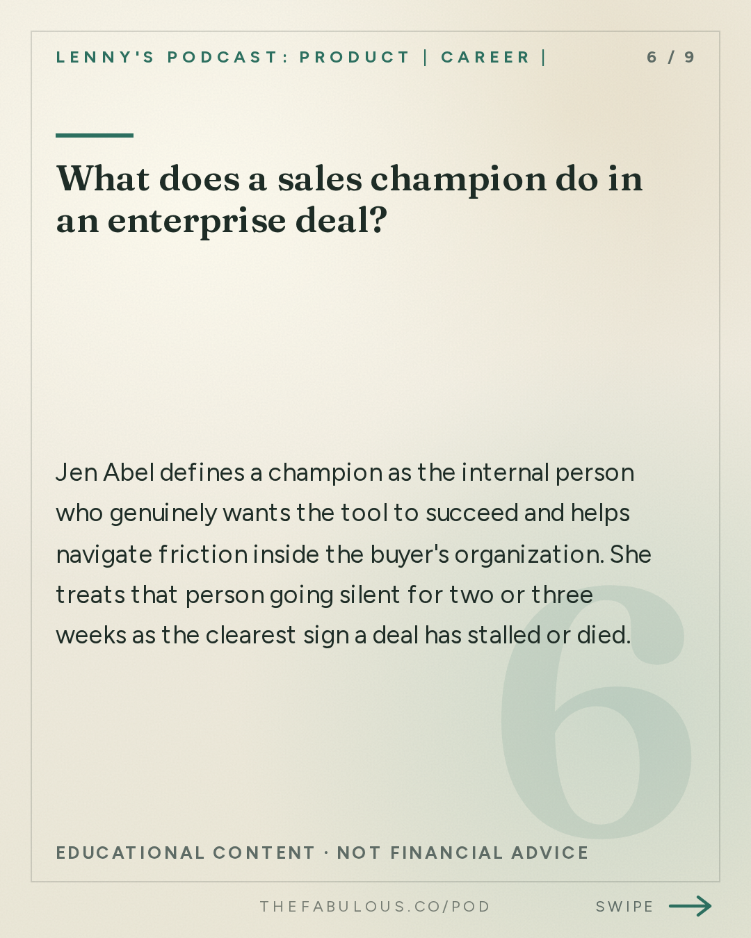What does a sales champion do in an enterprise deal? — Lenny's Podcast: Product | Career | Growth: How to close $100K+ enterprise deals, step by step | Jen Abel