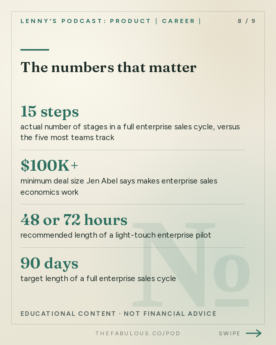 The numbers that matter — Lenny's Podcast: Product | Career | Growth: How to close $100K+ enterprise deals, step by step | Jen Abel