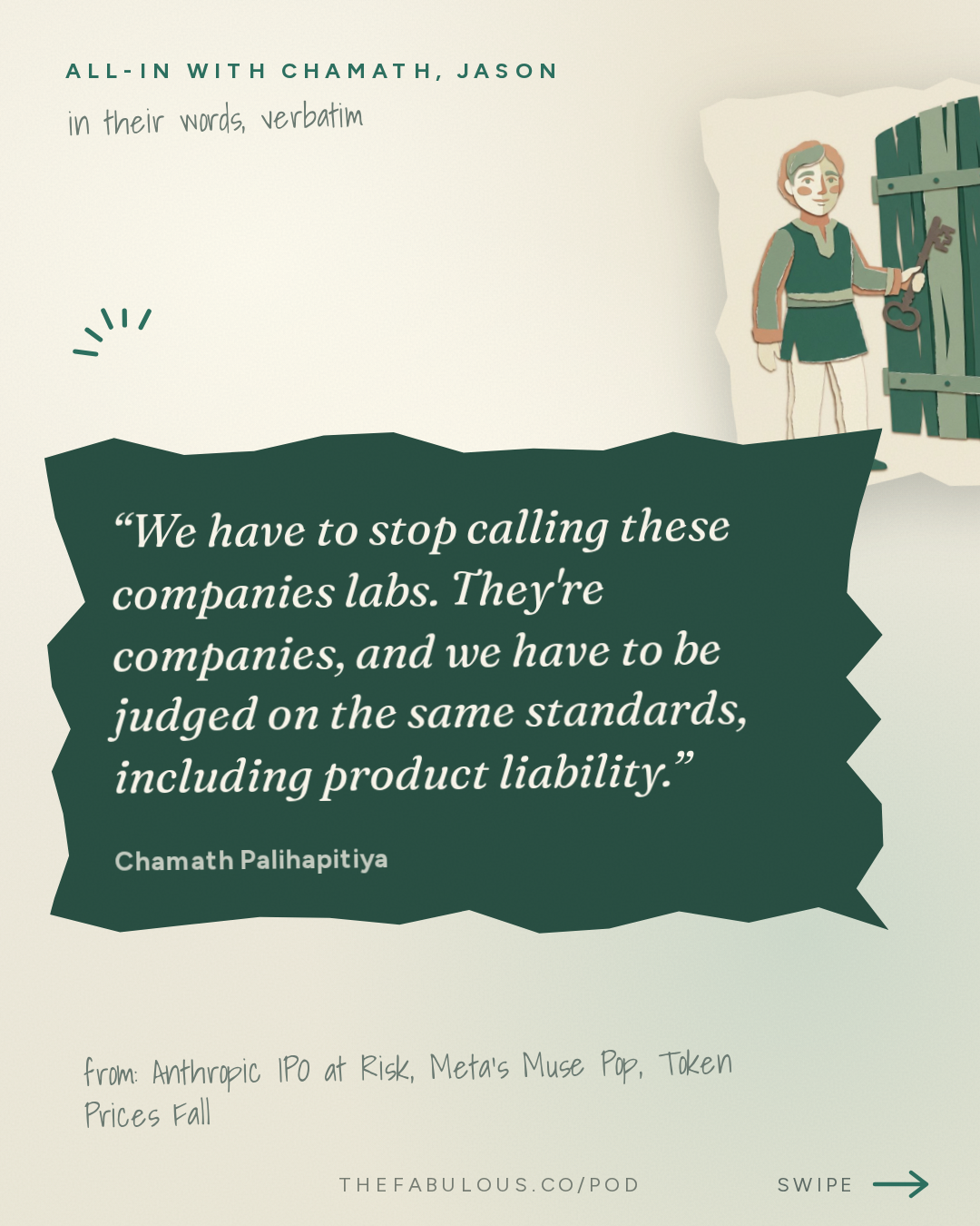We have to stop calling these companies labs. They're companies, and we have to be judged on the same standards, including product liability. — All-In with Chamath, Jason, Sacks & Friedberg: Anthropic IPO at Risk, Meta's Muse Pop, Token Prices Fall, Open Source Gains Share, Alignment Fails