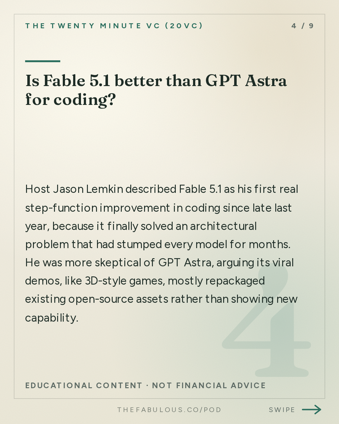 Is Fable 5.1 better than GPT Astra for coding? — The Twenty Minute VC (20VC): Venture Capital | Startup Funding | The Pitch: 20VC: Jensen Huang Declares AGI Has Arrived | GPT Astra and Fable 5.1 Accelerate the Model Race | Tesla Launches Cybercabs | Index Pulls Out of Town & Anthropic Pulls From Descartes Acquisition